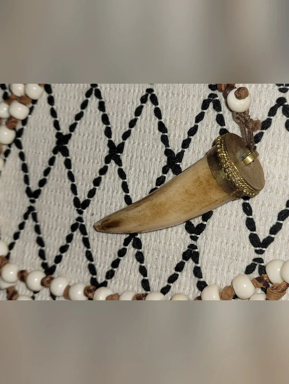 Boho Ivory Looking Tusk Beaded Horn Pendant Cord Necklace